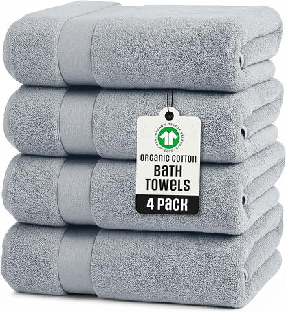 TOWELTIQUE- Organic Cotton Luxury Bath Towels Pack of 4 GOTS & Oeko- TEX Certified | Premium Soft, Absorbent & Quick-Drying Towels for Bathroom, Gym, Spa & Hotel Use – Light Gray