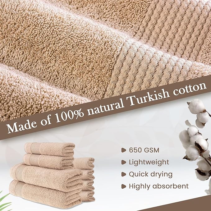 HALLEY Turkish Cotton Towels (Set of 8) 2 Bath Towels 2 Hand Towels 4 Washcloths, Super Soft Highly Absorbent 100% Cotton Towels for Bathroom and Kitchen for Mother’s Day (Tan)