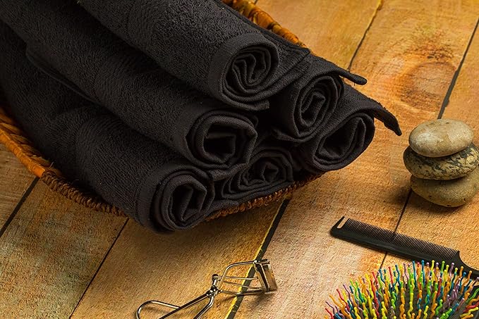 BIOLINEN Cotton Salon Towels Set 15"x25" Pack of 24 Ultra Soft 100% Cotton Gym Towel Hand Towel White Black Daily Usage Maximum Softness Absorbency for Home Gym Spa, Easy Care (Black)