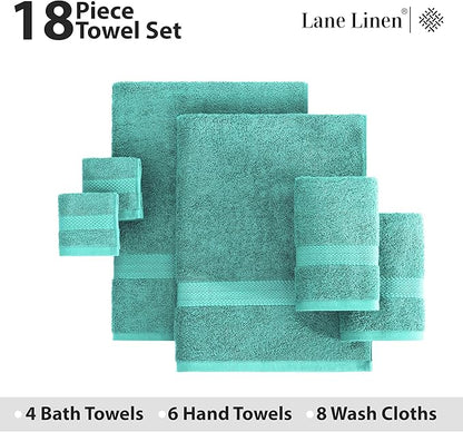 LANE LINEN 100% Ring Spun Cotton Bath Towel Set, 18PCs - 4 Shower Towels, 8 Washcloths, 6 Premium Hand Towels for Bathroom - Hotel Quality Softness & Oeko-Tex Certified, Sustainably Produced - Teal