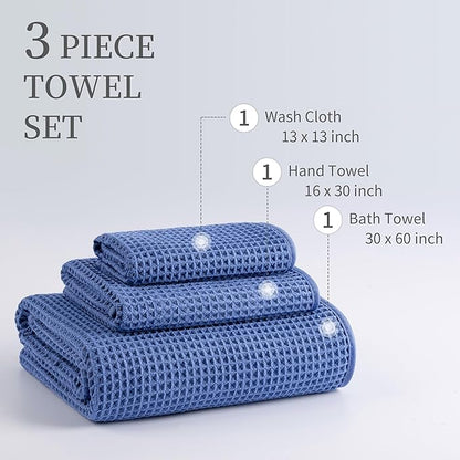 New Microfiber Waffle Bath Towels, 3 Pieces, Oversized, Soft, Absorbent, Fast Drying, Lint Free, Includes Bath, Face and Hand Towels (Dark Blue)