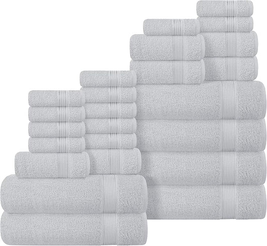 Belizzi Home 100% Cotton Towel Set, Contains 6 Soft Bath Towel, 6 Hand Towels, 12 Wash Cloths - Compact Absorbent Lightweight & Quickdry Towels for Bathroom - 24 Piece Bathroom Towel Set - Light Grey