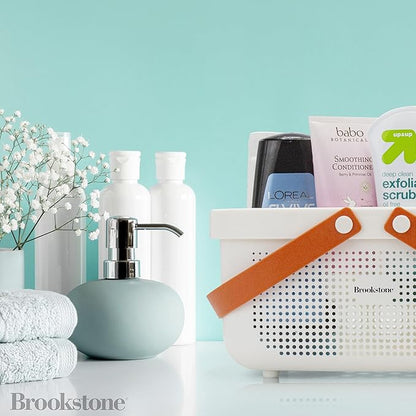 Brookstone BKH1635, Large Portable Shower Caddy with Soft Silicone Carrying Handle, Bathroom Organizer Basket, Plastic Bath Tote, Dries Quickly with Drainage Holes [BPA Free], White