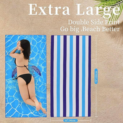 Microfiber Extra Large, Oversized Cute Turtle/Shark Beach Towels (70''x35'') - 2 Pack XL Quick Dry Striped Towels for Adults，Sand Free for Pool, Spa, Swim & Travel - Ultra Soft & Lightweight