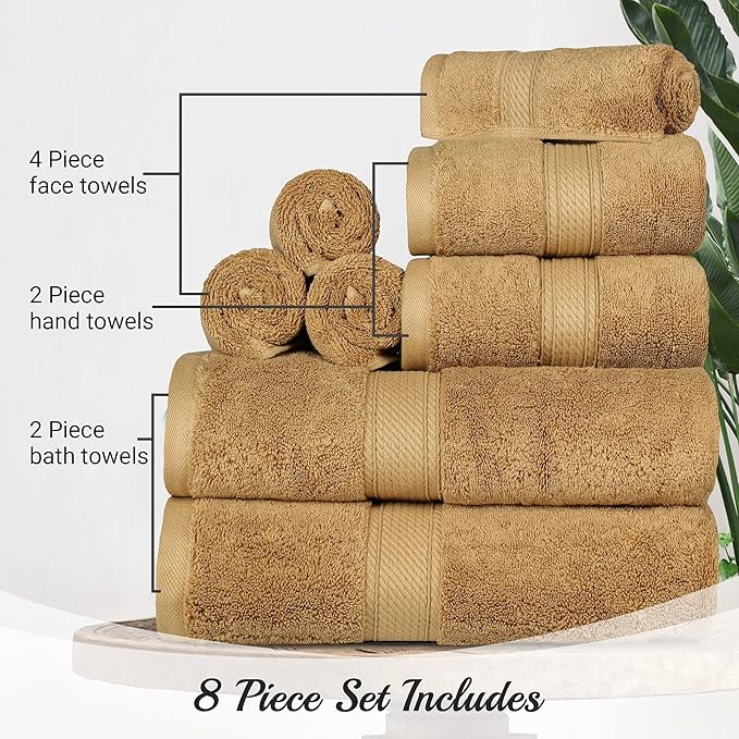 BLUENILEMILLS Madison Egyptian Cotton Towels, Towel Set for Bathroom, Shower, Hotel, Plush, 800 GSM, Highly Absorbent and Ultra-Soft Towels, Bath Essentials, 8 Piece Assorted Towel Set, Toast