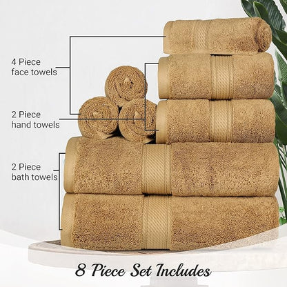 BLUENILEMILLS Madison Egyptian Cotton Towels, Towel Set for Bathroom, Shower, Hotel, Plush, 800 GSM, Highly Absorbent and Ultra-Soft Towels, Bath Essentials, 8 Piece Assorted Towel Set, Toast