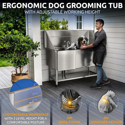 KANIS Professional Dog Washing Station - 304 Stainless Steel Pet Wash Sink & Grooming Bathtub w/Shower, Floor Grates and Storage for Large, Medium & Small Pets (61", Shelf - Left Ramp)