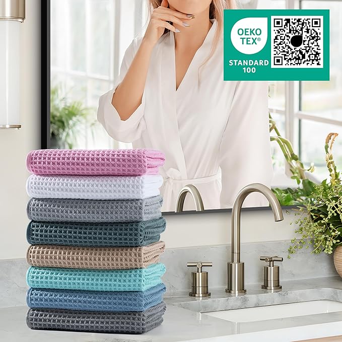 Microfiber Waffle Hand Towels, 4 Pieces, Soft, Absorbent, Fast Drying, Lint Free (Blue)