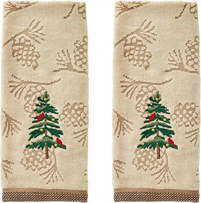 SKL Home Christmas/Winter Seasonal Fir 100% Cotton Embroidered 2pc Hand Towel Set, Decorative Jacquard for Bath/Kitchen/Bar, Wheat
