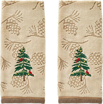 SKL Home Christmas/Winter Seasonal Fir 100% Cotton Embroidered 2pc Hand Towel Set, Decorative Jacquard for Bath/Kitchen/Bar, Wheat