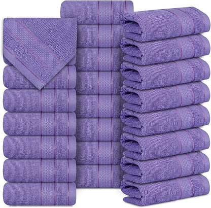 Casa Lino Face Towels & Body Wash Cloths for Showering - 100% Cotton Wash Cloths for Bathroom - Highly Absorbent & Quick Drying Washcloth Set - Cotton Washcloths 24 Pack (12" x 12") - (Purple)