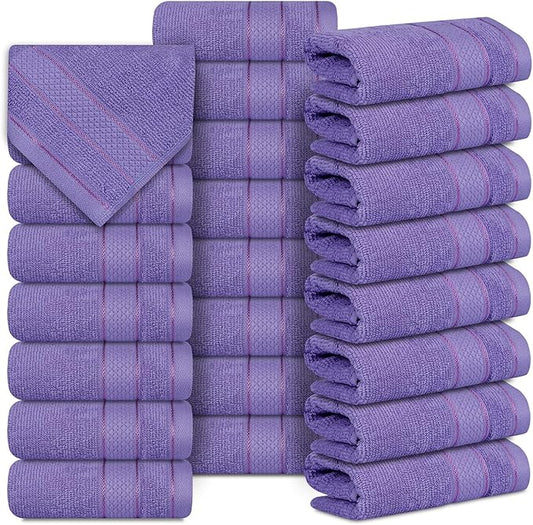 Casa Lino Face Towels & Body Wash Cloths for Showering - 100% Cotton Wash Cloths for Bathroom - Highly Absorbent & Quick Drying Washcloth Set - Cotton Washcloths 24 Pack (12" x 12") - (Purple)