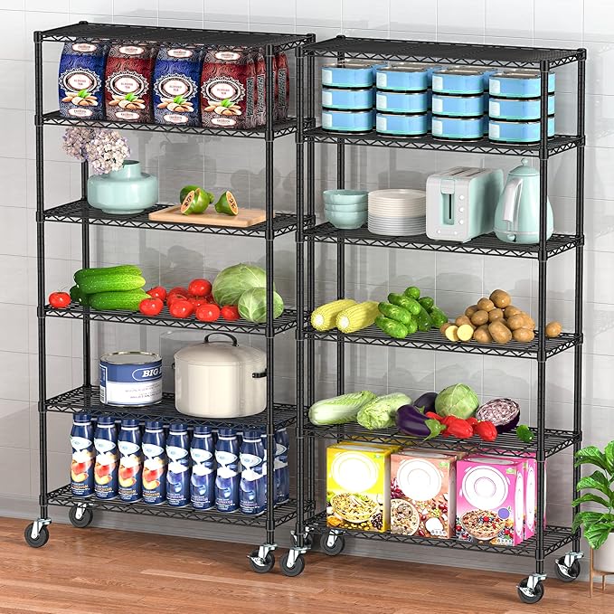 6 Tier Storage Shelves with Wheels Heavy Duty Wire Rolling Shelving Rack Organizer Garage Metal Steel Unit Adjustable Utility Commercial Sturdy Shelves for Kitchen Pantry Bathroom Closet Laundry