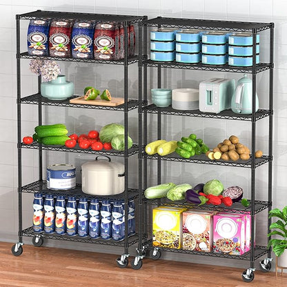 6 Tier Storage Shelves with Wheels Heavy Duty Wire Rolling Shelving Rack Organizer Garage Metal Steel Unit Adjustable Utility Commercial Sturdy Shelves for Kitchen Pantry Bathroom Closet Laundry