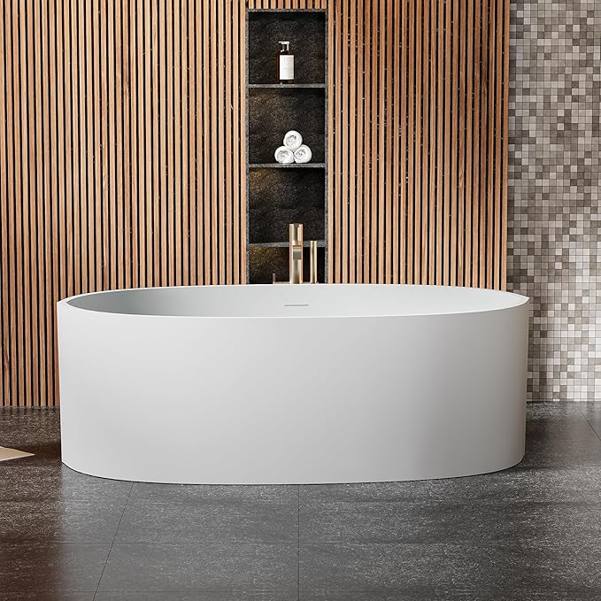 Abruzzo 65" Matte White Freestanding Solid Surface Bathtub, Stone Resin Freestanding Bath Tub with Overflow and Pop-up Drain