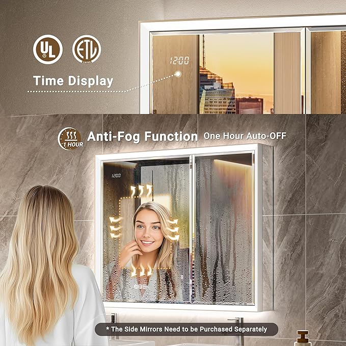 36x30 Beveled Lighted Medicine Cabinet with Mirror & Lights, Surface or Recessed Mirrored Medicine Cabinet with Outlet & Clock, Anti-Fog Dimmable LED Storage Cabinet, Built-in Sensor Light
