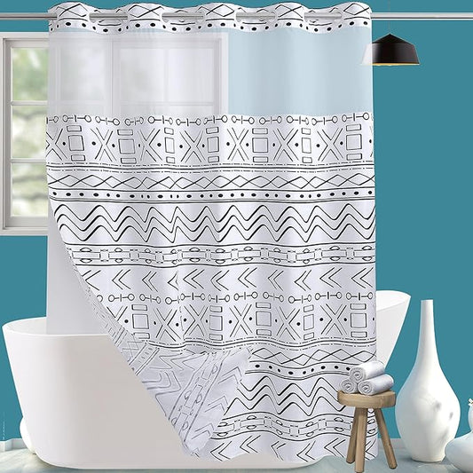 Conbo Mio Extra Long No Hook Boho Shower Curtain with Snap in Liner Set, Hotel Luxury White Shower Curtains for Bathroom with See Through Top Window, Waterproof, Washable 71W x 84H