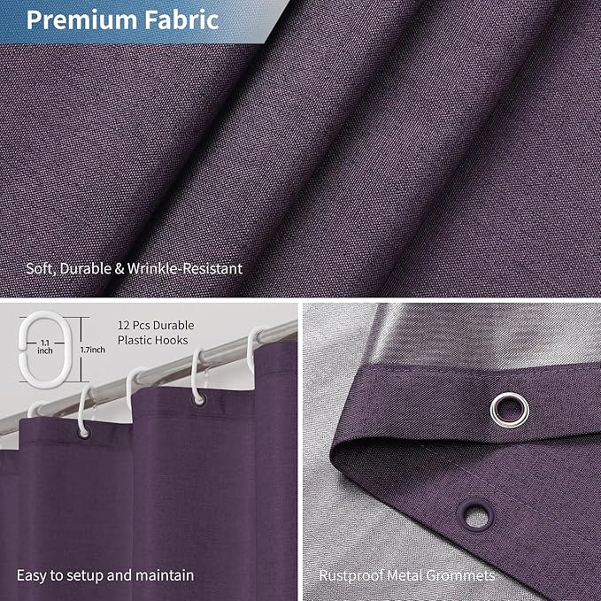 2-in-1 Waterproof Fabric Shower Curtain or Liner,Linen Textured,Breathable TPU & Washable Bathroom Shower Curtain Set with 12 Plastic Hooks,Modern,72"x72" Purple