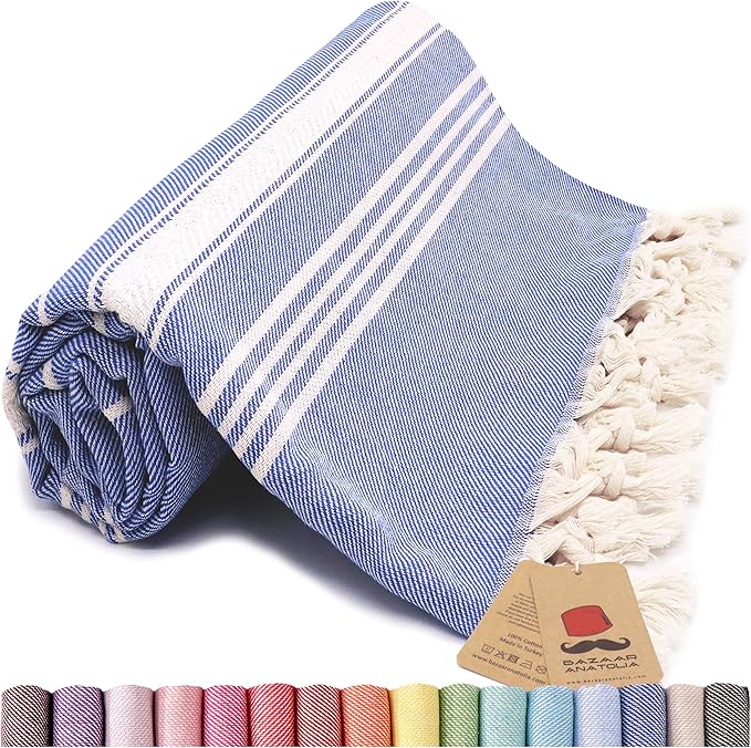Bazaar Anatolia Turkish Beach Towel – 100% Cotton, Quick Dry, Sand Free Towel for Bathroom, Camping, Travel, Royal Navy – Oversized 71x39 Inches – Stripe Dark Blue
