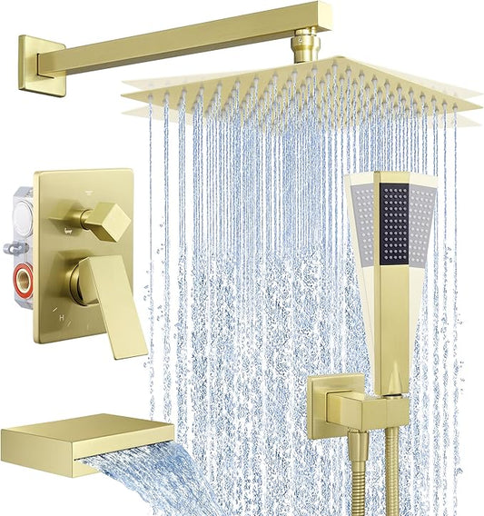 KES Bath Shower Faucet Set Tub and Shower Faucet Set Rain Shower Head with Handheld Shower System Pressure Balance Brushed Gold, XB6305F18-BZ