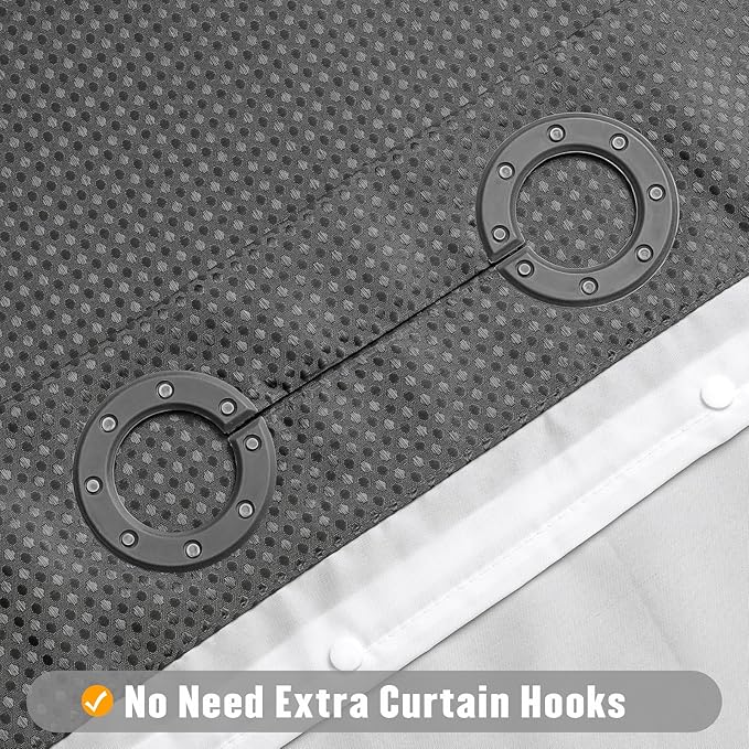 MitoVilla No Hooks Needed Extra Long Shower Curtain Liner Set, Grey 86 inch XL Heavyweight Waffle Fabric Cloth Shower Curtains Set with Snap-in Liner for Modern Luxury Hotel & Spa Bathroom Decor