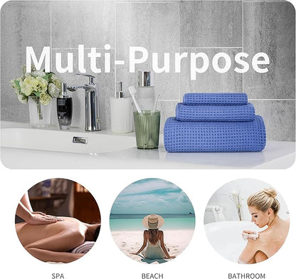 New Microfiber Waffle Bath Towels, 3 Pieces, Oversized, Soft, Absorbent, Fast Drying, Lint Free, Includes Bath, Face and Hand Towels (Dark Blue)