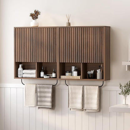 Fluted Wall Cabinet Set of 2, Wooden Bathroom Medicine Cabinet Storage with 2 Doors, Adjustable Shelf and Towels Bar, Modern Wall Mount Large Floating Cabinet for Kitchen Brown