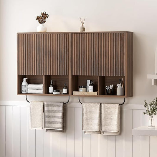Fluted Wall Cabinet Set of 2, Wooden Bathroom Medicine Cabinet Storage with 2 Doors, Adjustable Shelf and Towels Bar, Modern Wall Mount Large Floating Cabinet for Kitchen Brown