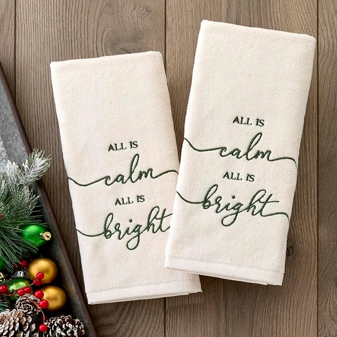 SKL Home Christmas/Winter All is Calm 100% Cotton Embroidered 2pc Hand Towel Set, Decorative for Bath/Kitchen/Bar, Natural
