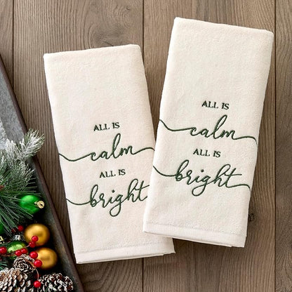 SKL Home Christmas/Winter All is Calm 100% Cotton Embroidered 2pc Hand Towel Set, Decorative for Bath/Kitchen/Bar, Natural