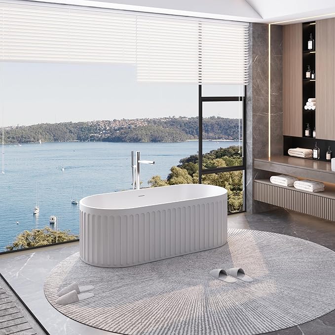 67" Freestanding Solid Surface Bathtub, Luxury Engineered Stone Resin Freestanding Soaking Bathtub with Overflow and Pop-up Drain cUPC Certified, Matte White