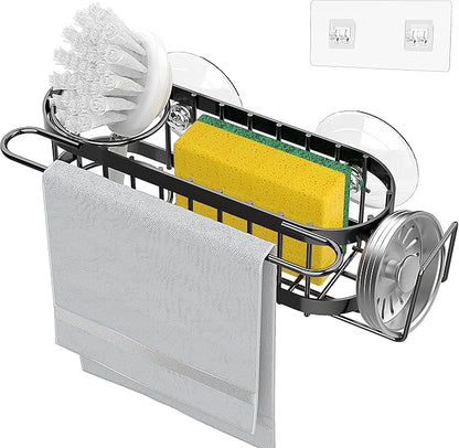 Cisily Kitchen Sink Caddy Sponge Holder in The Sink, Stainless Steel Kitchen Sink Organizer, Brush Holder, Dish Cloth Hanger, Sink Stopper Holder with 2 Installation Ways (Suction & Adhesives