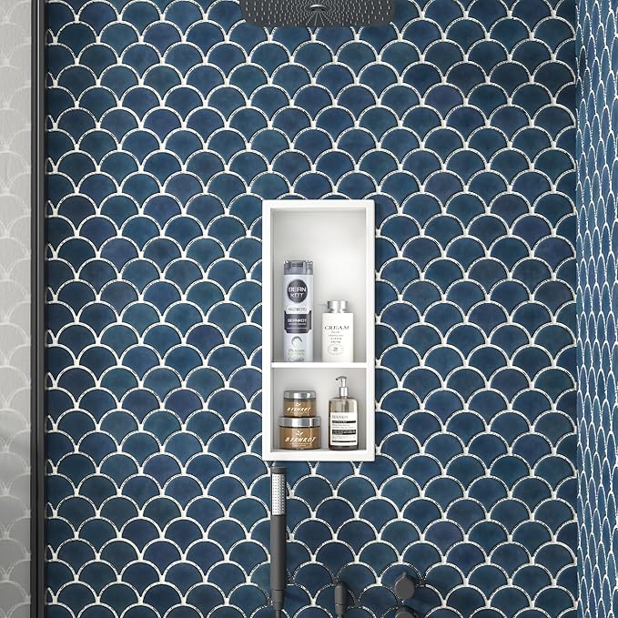 Stainless Steel Shower Niche 18"× 8" White Double Shelves No Tiled Need Recessed Niche Shower for Wall Storage Bathroom Niche Shelf Over-Mounted Installation