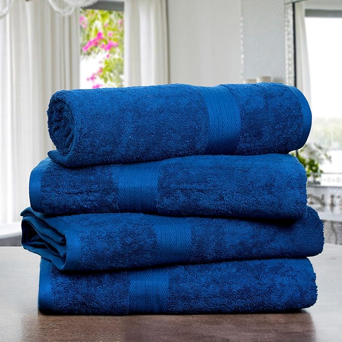 Ample Decor Bath Towel Set of 4 30 X 54 Inch 600GSM 100% Cotton Quick Dry Bathroom Towel - Navy Blue