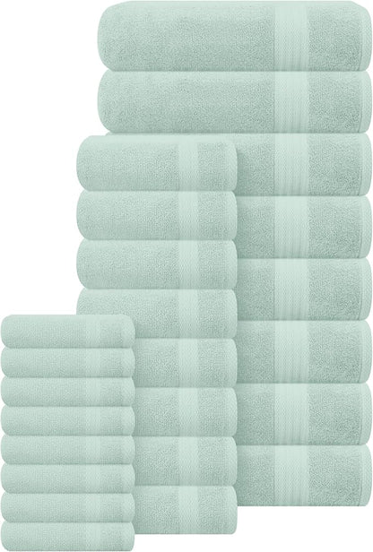 GLAMBURG Ultra Soft 24-Piece Towel Set - 100% Pure Ringspun Cotton, Contains 8 Oversized Bath Towels 27x54, 8 Hand Towels 16x28, 8 Wash Cloths 13x13 - Ideal for Everyday use, Hotel & Spa - Sea Green
