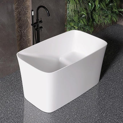 47" Stone Resin Freestanding Bathtub, Freestanding Bathtub with seat,Oval Solid Surface Japanese Soaking Bathtubs with Drain & Integrated Slotted Overflow Matte White MG003-1200