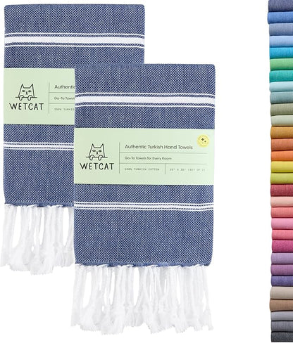 WETCAT Turkish Hand Towels with Hanging Loop, Set of 2 (20" x 30") 100% Turkish Cotton, Pre-Washed, Quick Drying, for Kitchen or Bathroom - Navy Blue
