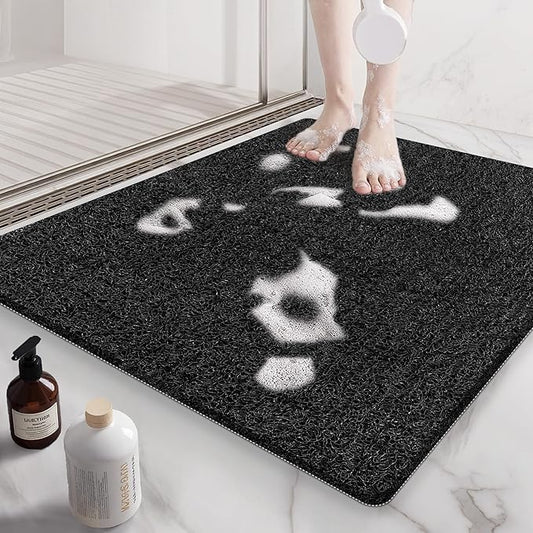 Mecko Square Non-Slip Shower Mats for Inside Shower, Quick-Drying Shower Floor Mat with Foot Scrubber, Anti-Slip Loofah Bathtub Mat for Tub and Wet Areas (Black, 24"x24")
