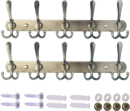Dseap Wall Mounted Coat Rack - 5 Tri Hooks, Heavy Duty, Stainless Steel, Metal Coat Hook Rail for Coat Hat Towel Purse Robes Mudroom Bathroom Entryway (Bronze, 2 Packs)