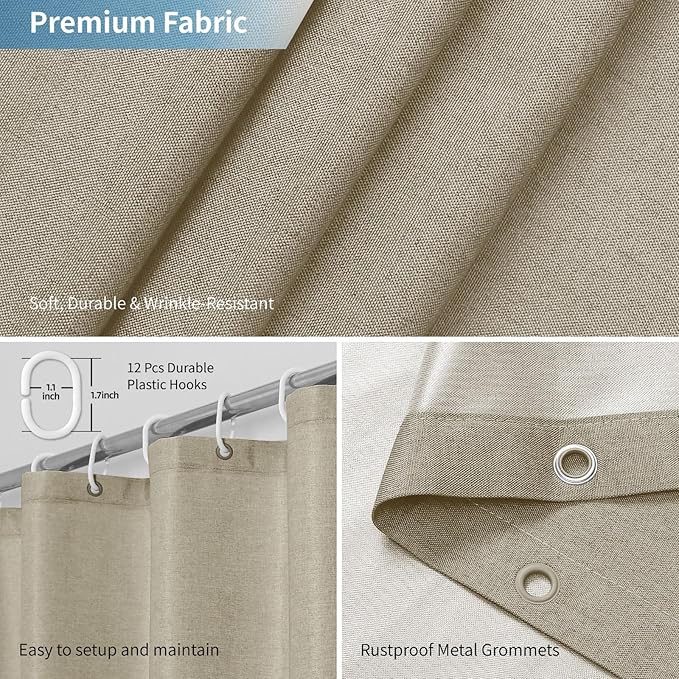 2-in-1 Waterproof Long Fabric Shower Curtain or Liner,Linen Textured,78 Inch Breathable TPU & Washable Bathroom Shower Curtain Set with 12 Plastic Hooks,Modern,72"x78" Khaki