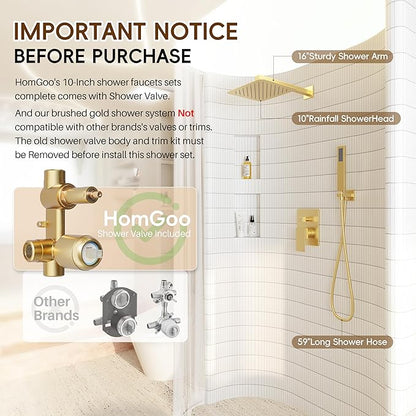Gold Shower System, Shower Faucet Set with 10" Rain Showerhead and Handheld Combo Spray, Bathroom Wall Mounted High Pressure Shower Combo Set Included Valve and Trim, Brushed Gold