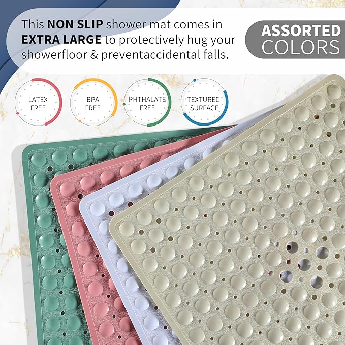 Yimobra Shower Bathtub Mat Non Slip, 21x21 Inch, Soft Square Bath for Tub with Suction Cups and Drain Holes, Stall Floor Mats Bathroom, Machine Washable, Bathroom Accessories, Clear Gray