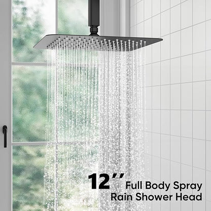 esnbia Shower System, Bathroom 12 Inches Rain Shower Head with Handheld Combo Set, Ceiling Mounted High Pressure Rainfall Dual Shower Head System, Shower Faucet Set with Valve and Trim, Matte Black