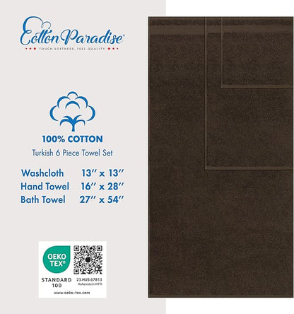 Cotton Paradise 6 Piece Towel Set, 100% Cotton Soft Absorbent Turkish Towels for Bathroom, 2 Bath Towels 2 Hand Towels 2 Washcloths, Brown Towel Set