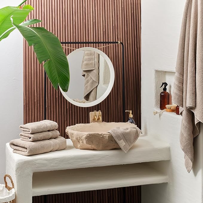 SOFE H&L | Olea Towel Set | 100% Cotton Premium Turkish Towels for Bathroom | Soft, Absorbent, Durable (Sand, Set of 4 - Washcloth)