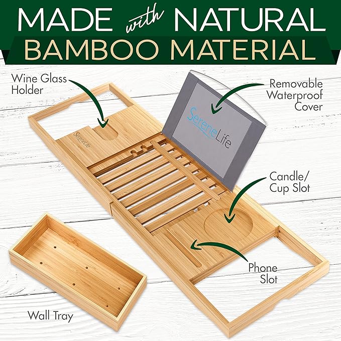 SereneLife Luxury Bamboo Bathtub Caddy Tray - Adjustable Natural Wood Bath Tub Organizer with Wine Holder, Cup Placement, Soap Dish, Book Space & Phone Slot for Spa, Bathroom & Shower SLBCAD20