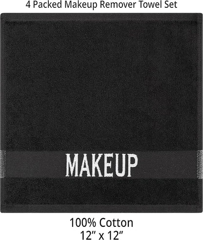Cotton Paradise Makeup Remover Towels 4 Pack 100% Cotton 12x12 Inch Turkish Makeup Removal Face Cloths for Washing Face Soft Black Makeup Towel