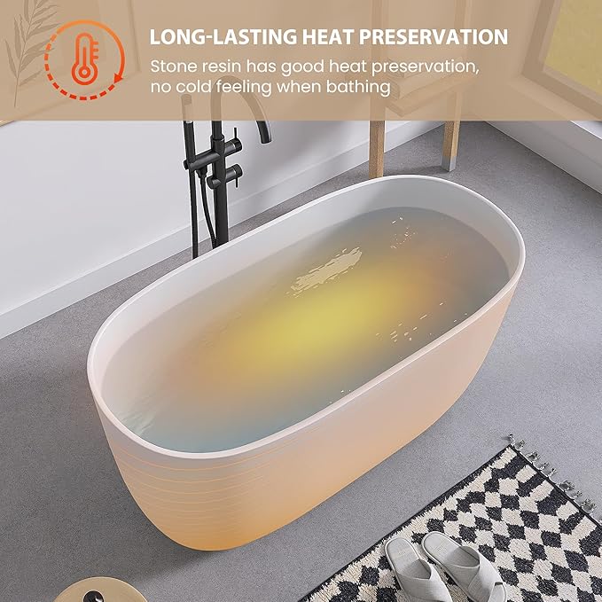 SJ STAR&JANE 47" Solid Surface Freestanding Bathtub Modern Stone Resin Oval Soaking Tub with Side Drain in Matte White