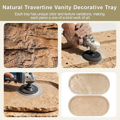 Natural Travertine Vanity Tray for Bathroom Countertop, 12" L x 6" W Light Beige Cream Decorative Tray with 4 Non-Slip Silicone Gaskets, Marble Tray for Jewelry, Perfume, Dresser Organizer