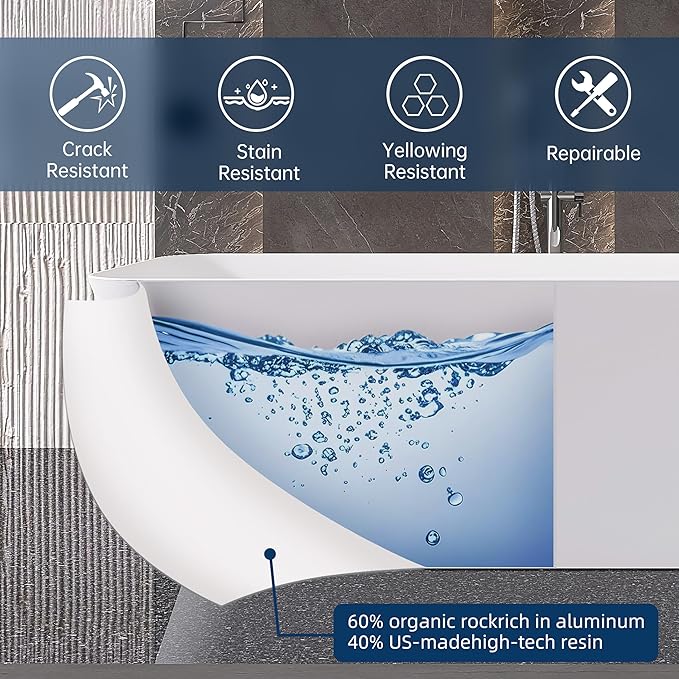 Stone Resin Freestanding Bathtub 67 ", Elegant Oval Shape Soaking Tub, Solid Surface Stand Alone Bathtub with Drain & Integrated Slotted Overflow Matte White AMFS340-1700